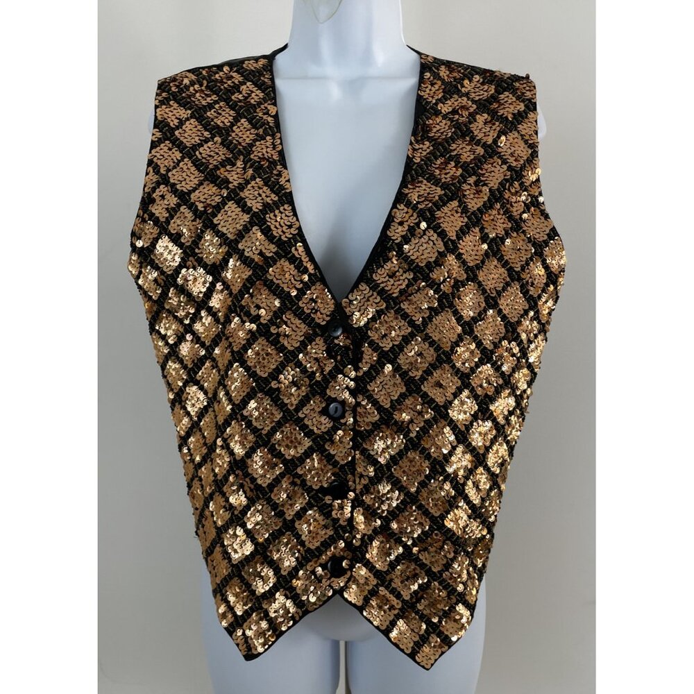 CREAZIONI EFFECI Vintage Gold/Black Sequin & Bead Button Close Vest Sz M